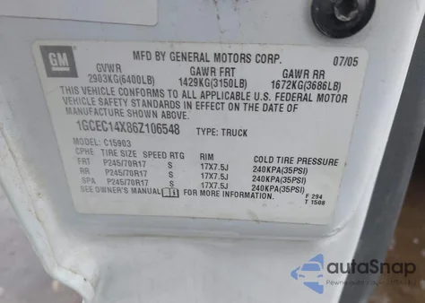 2006 Chevrolet Silverado 1500 Work Truck из США, поврежденный, VIN 1GCEC14X86Z106548